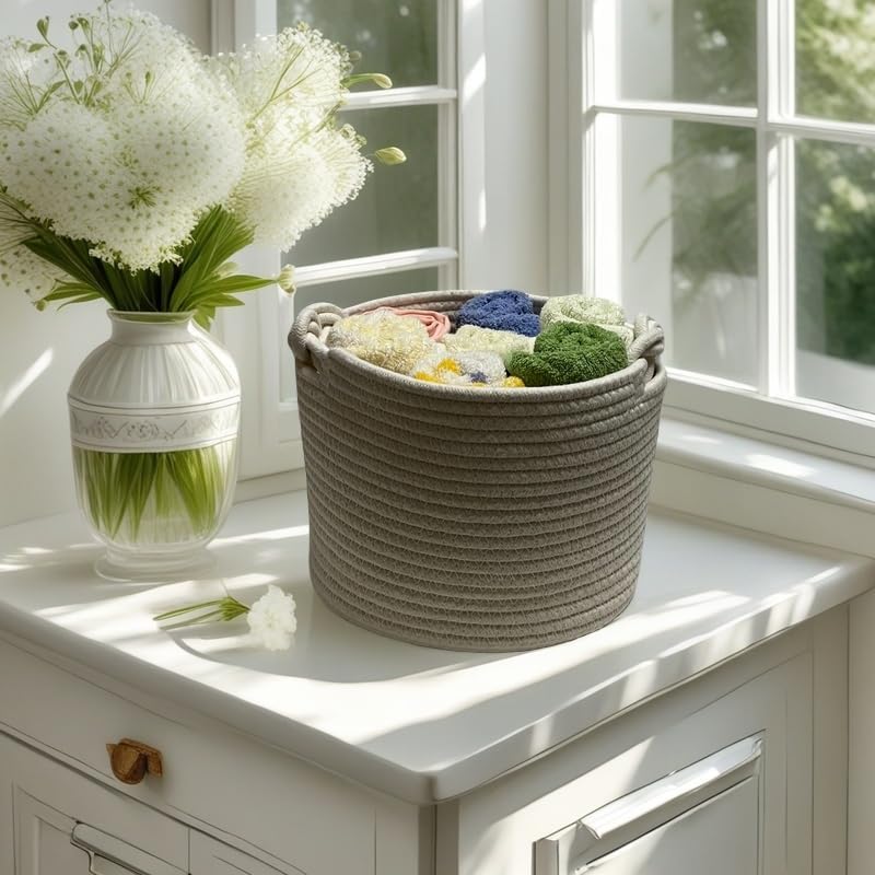 Bellar Small Rope Basket,Shelf Storage Baskets for Organizing,Cute White Storage Basket,Round Decorative Box for Kids,Woven Rope Storage Snack Storage Area Decorative Boxes Aesthetic -9.4’’*7.1’’ - Image 3